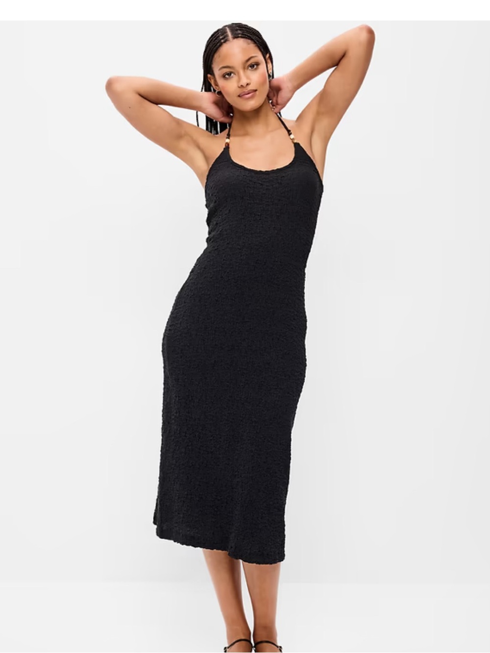 Black Textured Halter Midi Dress